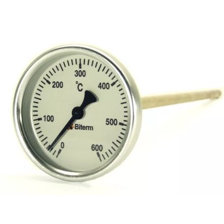 Bimetál kemence hőmérő 0-600°C átvezető cső nélkül 20 cm hosszú