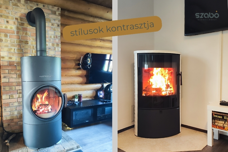 A képen egy ROMOTOP SONE G 11 csempe kandallókályha és egy AUSTROFLAMM CLOU XTRA 2.0 kandallókályha látható – mindkettőt a Szabó Kandalló telepítette.